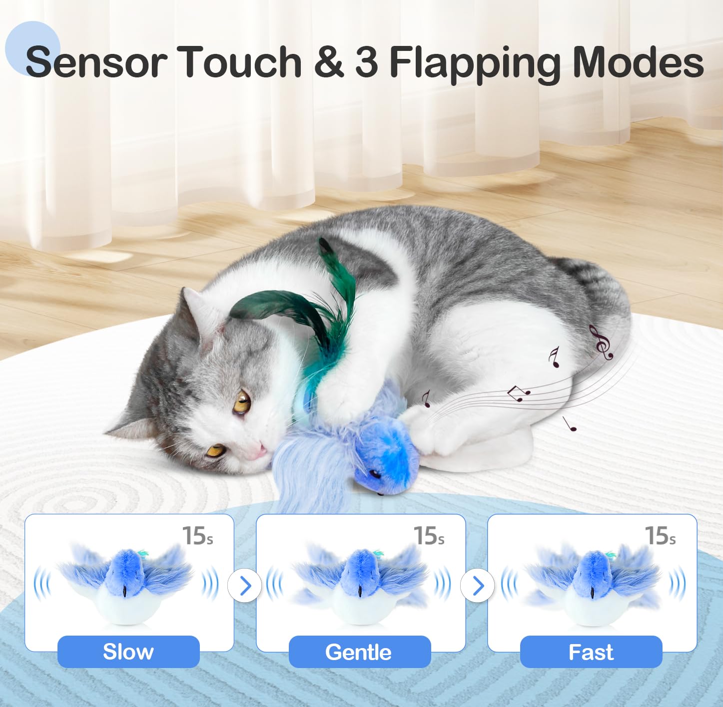 Migipaws Cat Toys,Interactive Lifelike Robin Flapping Bird With Catnip, Feathers Hanging By Elastic String, Automatic Chirping K